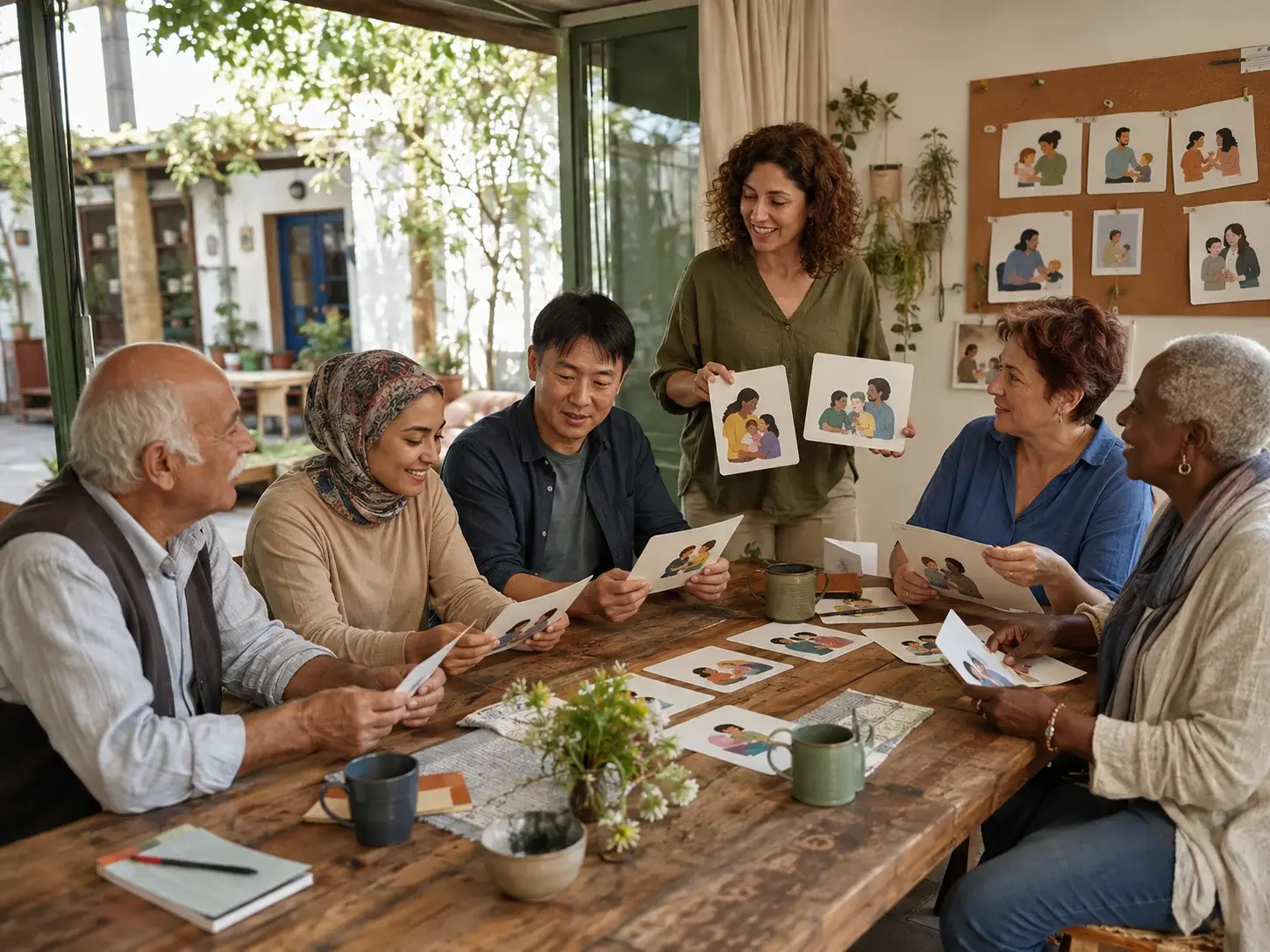 Uygulamalı bir aile eğitimi atölyesinde resimli durum kartlarıyla çalışan yetişkinler